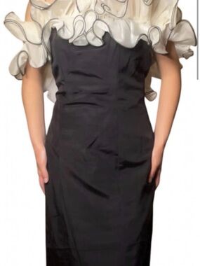 Elegant Black Dress with Ruffled Cream Overlay